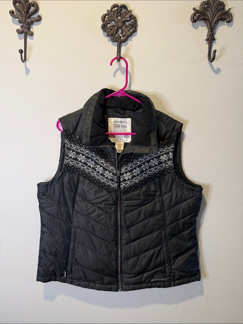 Eddie Bauer Black Quilted Vest with Nordic Yoke Detail